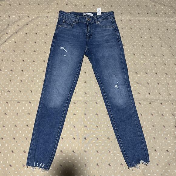 Zara Denim - ZARA Jeans Womens 6 Blue Skinny Distressed Raw Hem Frayed Ankle Medium Wash